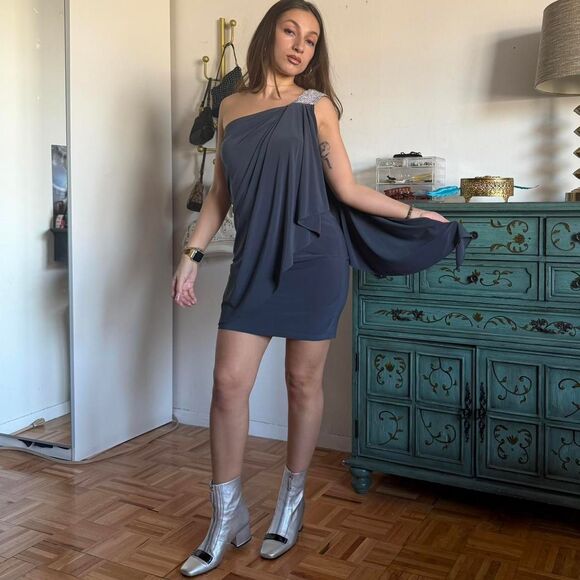 Vintage 90s designer Grey Draped Mini Dress